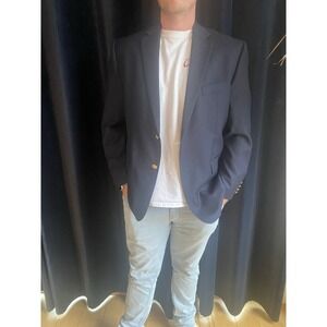 Ralph Lauren Men's 44L Navy Blue, Gold 2-Button Wool Blazer Preppy Dressy